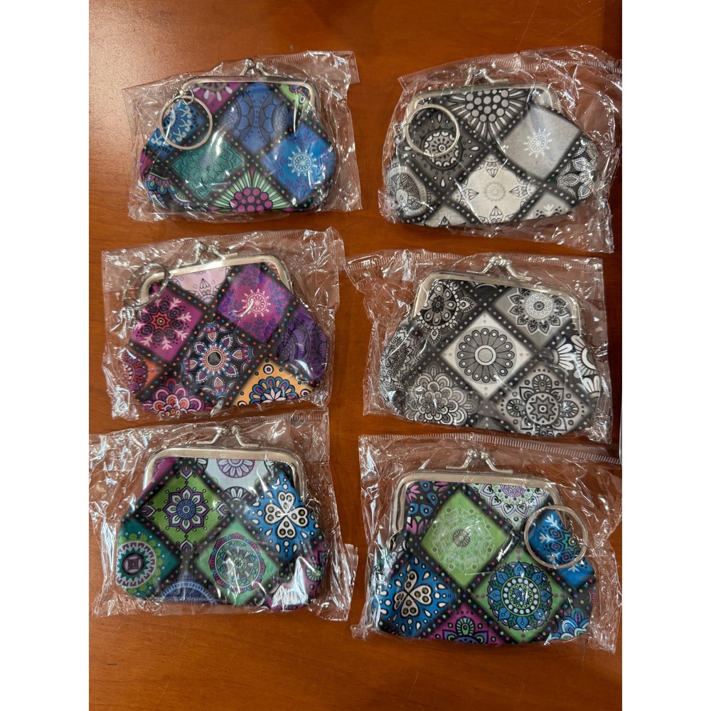 6 Pack Mandala Pattern Coin Purse Kiss Lock Clasp Key Ring Pouch Boho Wallet